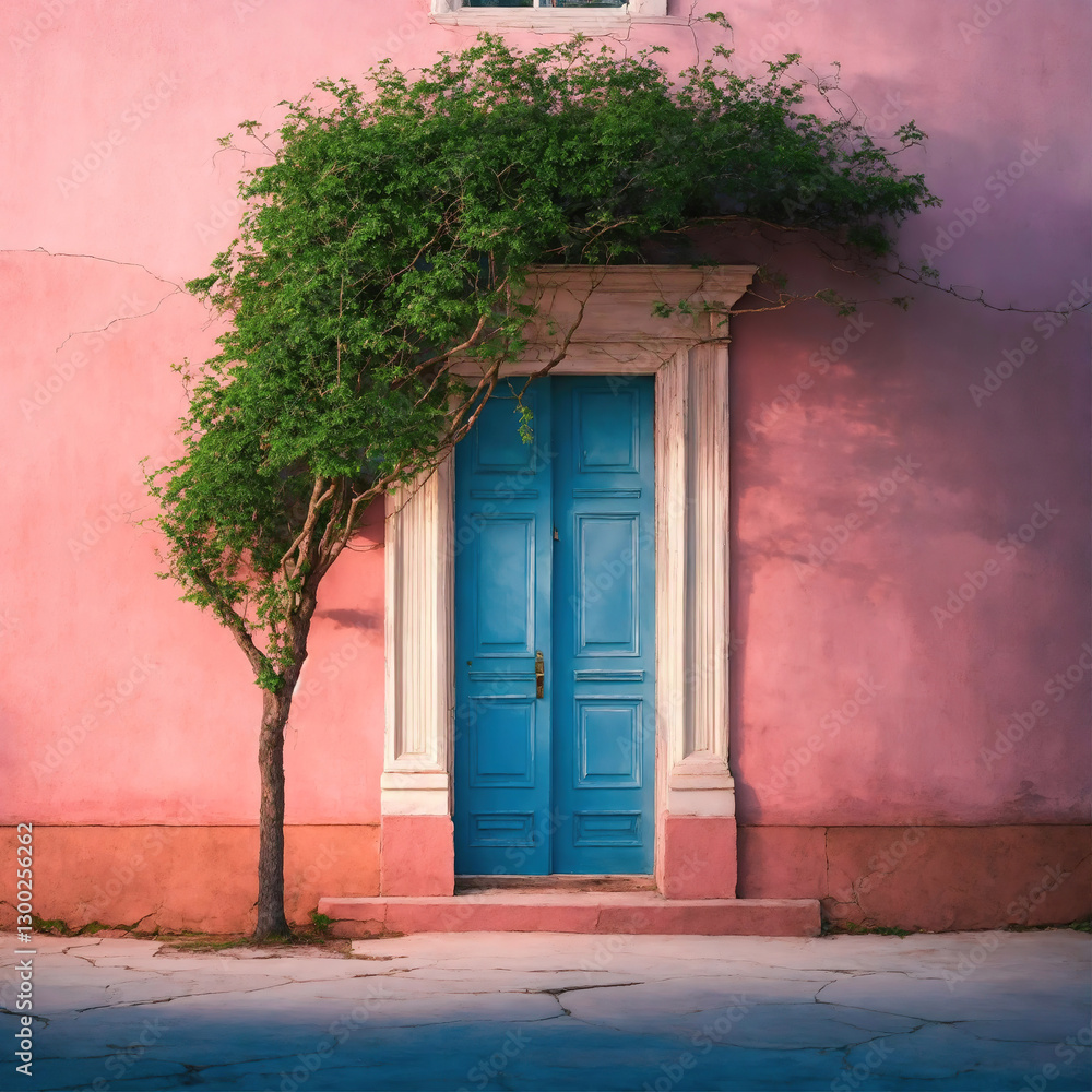 pink wall with detail tree and blue door pink wall with detail tree and blue door
