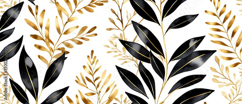 Elegant Leaf Pattern with Gold and Black Foliage on White Background