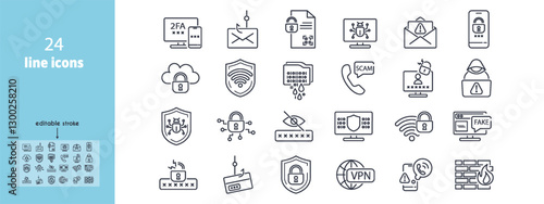 Cybersecurity line icon set. Data Protection, Encryption, Cloud Security, Malware, Data Leak, Compromised Password, Scam Call, Fake Website, Digital Signature vector illustration. Editable Strokes