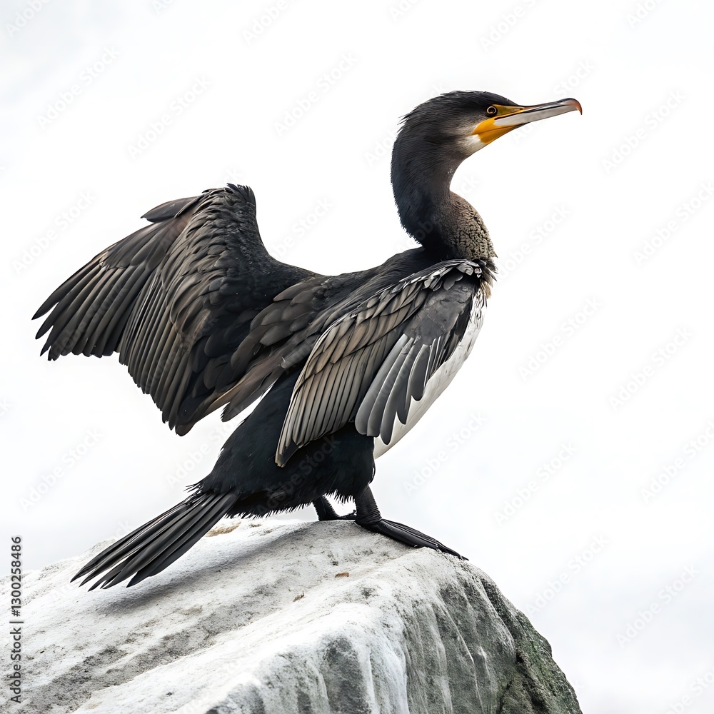 A cormorant bird with its glossy feathers and sharp features captured in detail, standing proudly on a clean white background A cormorant bird with its glossy feathers and sharp features captured in detail, standing proudly on a clean white background