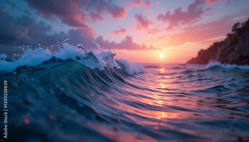 Fototapeta premium Serene Sunset Over Ocean Waves with Colorful Sky and Gentle Surf at Dusk