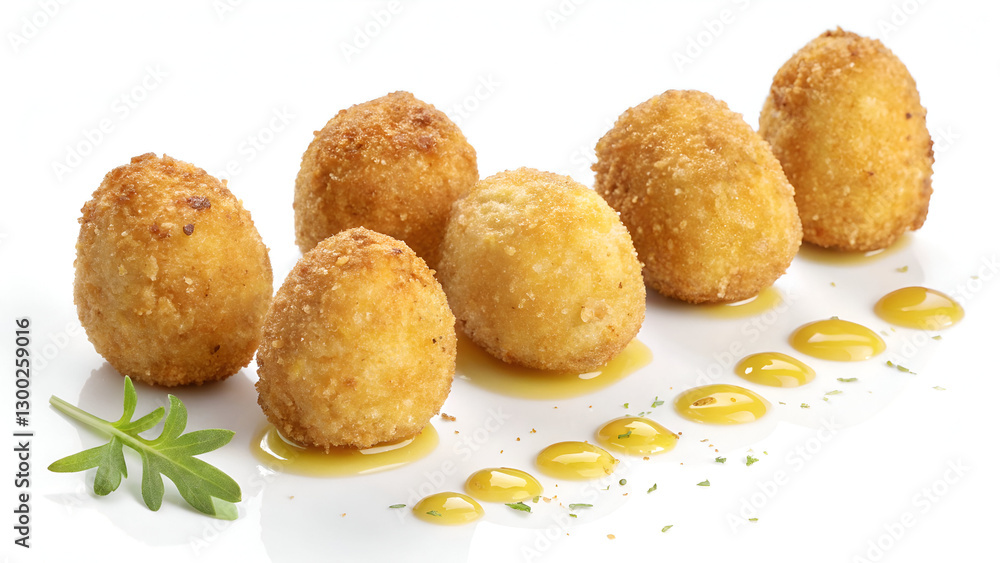 A set of golden, crispy croquettes, perfectly arranged and isolated on a clean white background for a sharp food presentation. A set of golden, crispy croquettes, perfectly arranged and isolated on a clean white background for a sharp food presentation.