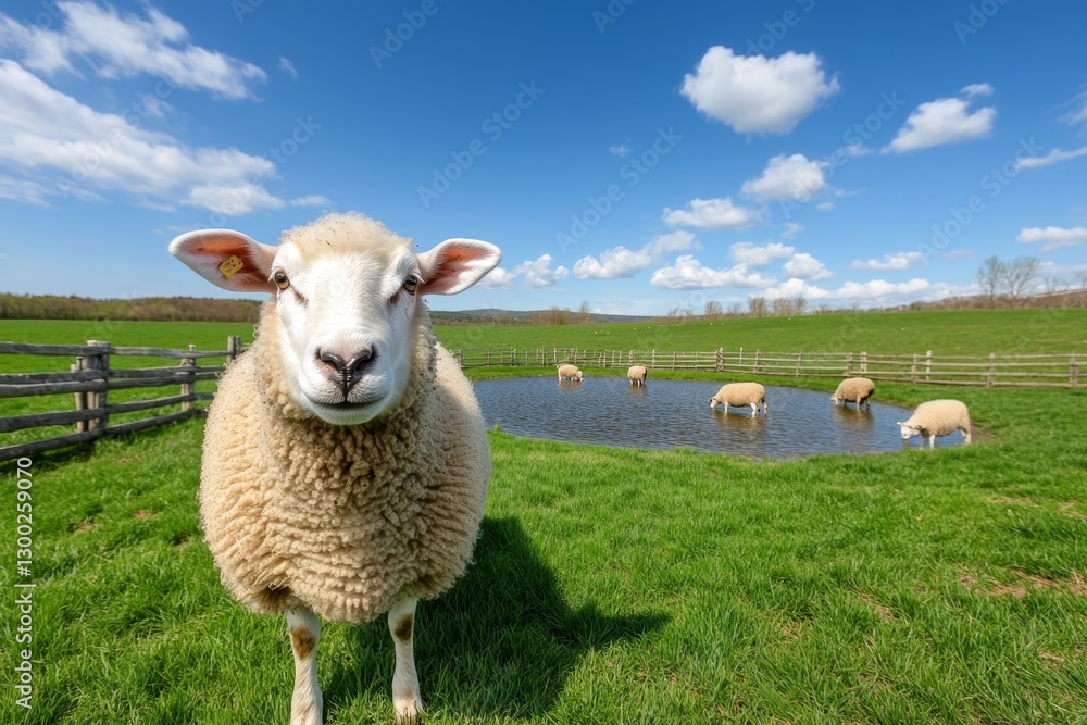 Fototapeta premium A small farm pond with a rustic wooden fence, surrounded by grazing sheep