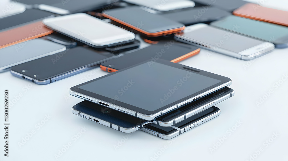 Multiple Smartphones And Tablets Stacked And Arranged On White Surface in Studio Lighting Multiple Smartphones And Tablets Stacked And Arranged On White Surface in Studio Lighting