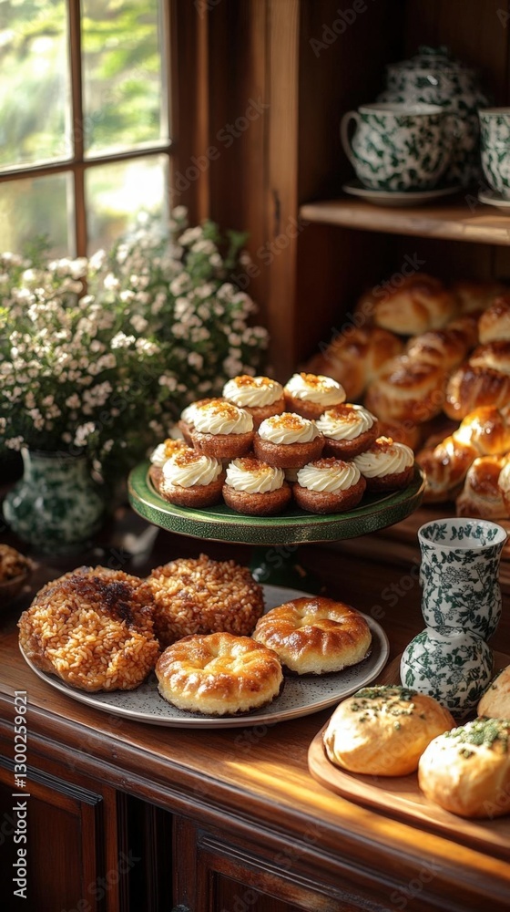 Assortment Of Baked Goods Displayed On Wooden Table Assortment Of Baked Goods Displayed On Wooden Table
