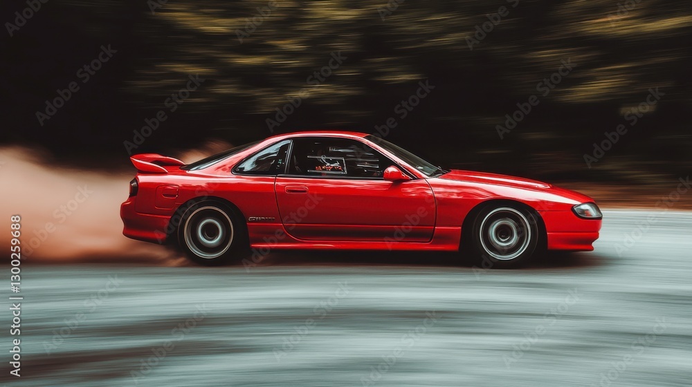 Car Drifting Through Gravel in Overcast Forest Setting Car Drifting Through Gravel in Overcast Forest Setting