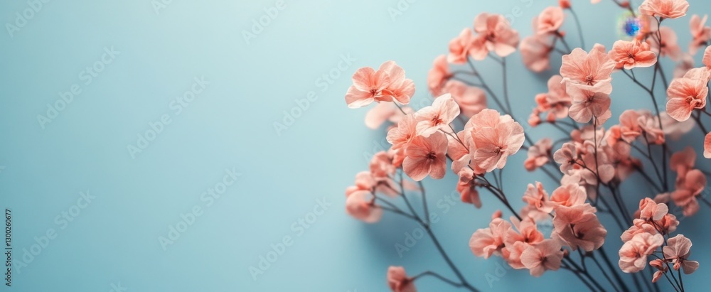 A stunning arrangement of delicate pink flowers with fine petals set against a soft blue background, perfect for inspiring tranquility and elegance in design projects. A stunning arrangement of delicate pink flowers with fine petals set against a soft blue background, perfect for inspiring tranquility and elegance in design projects.