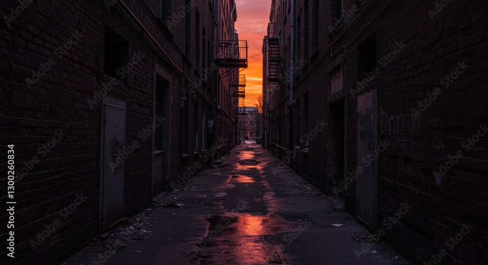 Sunset Glow Reflecting in Alleyway Puddles Between Brick Buildings Sunset Glow Reflecting in Alleyway Puddles Between Brick Buildings