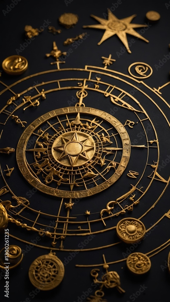 Obraz premium Gold Astrological Clock on Black. Intricate golden zodiac wheel with signs and symbols. Detailed vintage zodiac clock on dark surface.