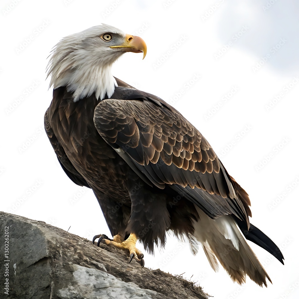 Obraz premium A regal bald eagle with impressive feathers and piercing eyes, symbolizing strength, freedom, and authority against a clean background