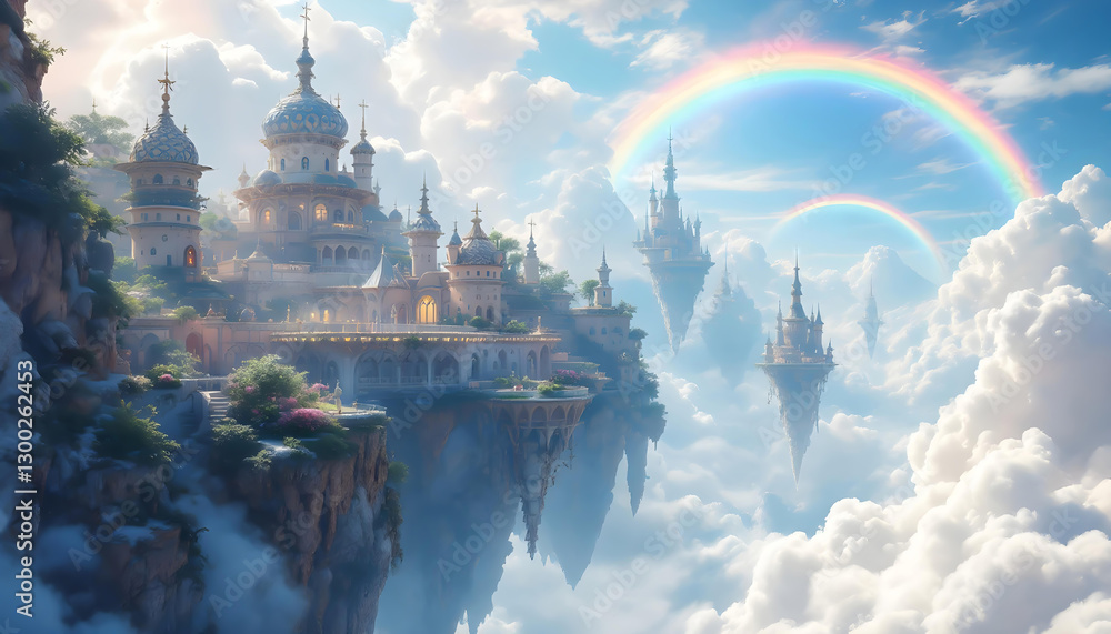 Fototapeta premium Floating Castles Above Cloudscape A Rainbow Arcs Overhead