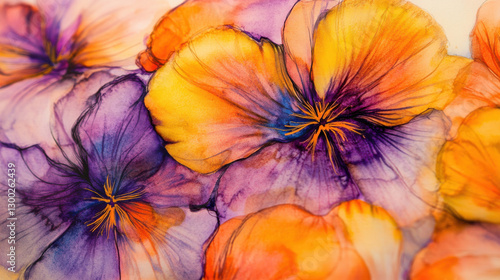 Wallpaper Mural A stunning close-up of hand-painted wildflowers, vibrant hues of orange and violet, rich watercolor texture with visible pigment granulation Torontodigital.ca