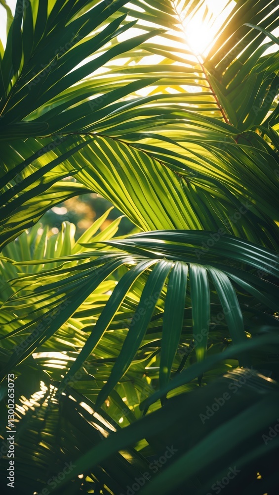 Fototapeta premium Green palm leaves close up. Sunlight shines through lush plant. Bright light illuminates tropical foliage. Dark shadow under vivid leaf.
