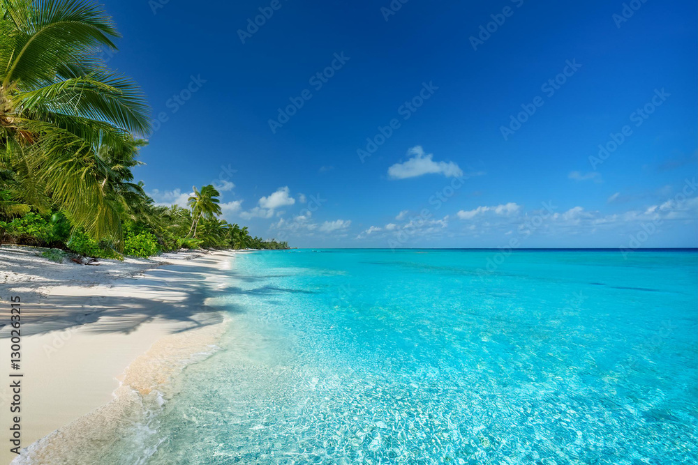 Fototapeta premium Idyllic Tropical Beach with Clear Turquoise Waters and Leaning Palm Trees