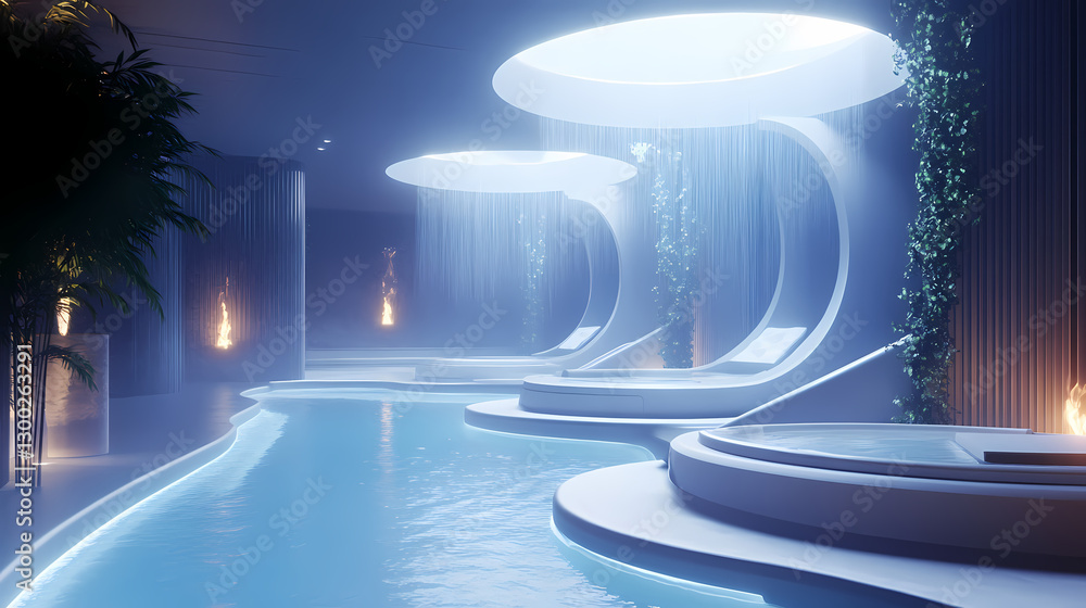 An ethereal mist of essential oils dispersing in a tranquil, futuristic spa
