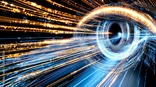 Futuristic digital eye with glowing cyber technology and data motion