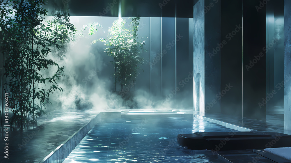An ethereal mist of essential oils dispersing in a tranquil, futuristic spa