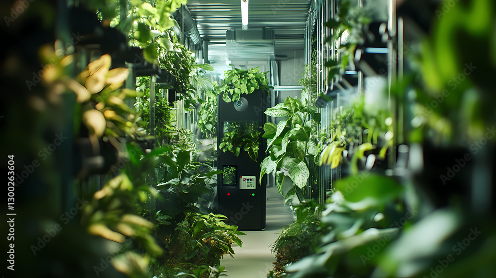 An oxygen-rich indoor garden with lush green plants and automated air purifiers.