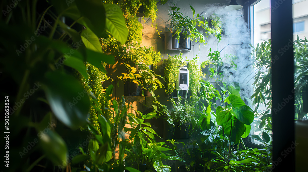 An oxygen-rich indoor garden with lush green plants and automated air purifiers.