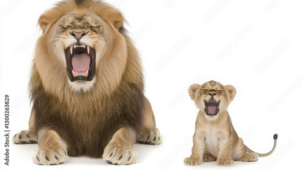 Obraz premium Lion and Cub Yawning Together in Playful Moment on White Background