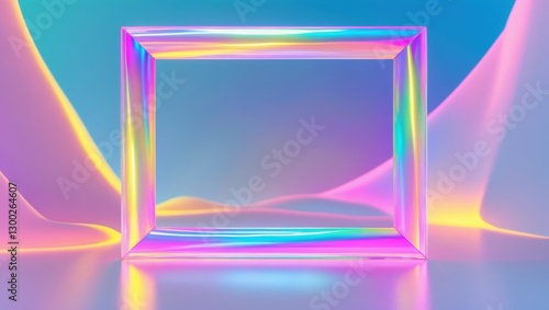 Shiny square frame. Iridescent border glows. Gradient background with flowing shapes. Blue, pink, and yellow pastel colors. Abstract design for presentation or banner.