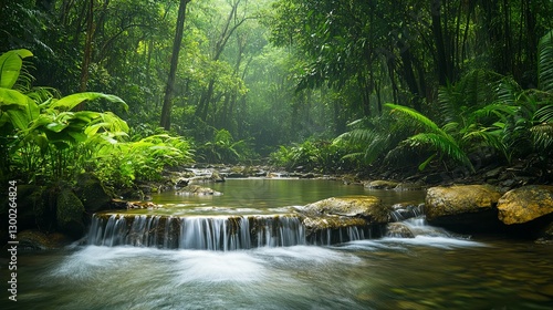 Serene Rainforest Stream: Tranquil Waterfall in Lush Green Foliage