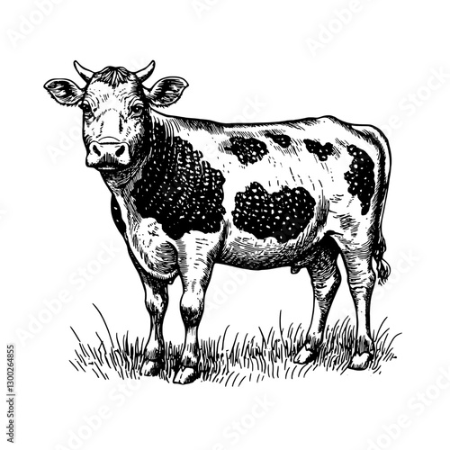 Illustration of a cow standing in a grassy field with distinct black and white patterns