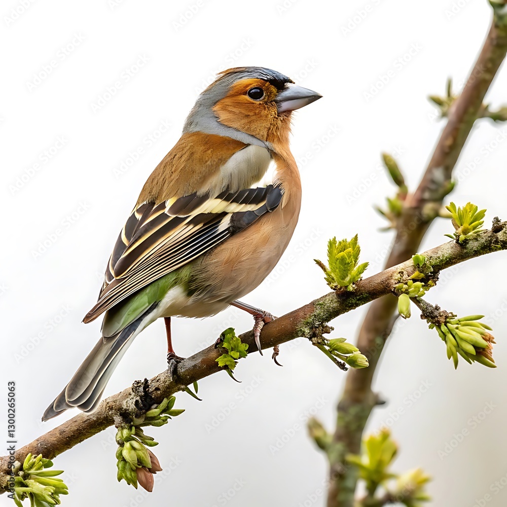 Stunning finch bird perched on a branch, highlighting its detailed feathers and vibrant colors against a minimalist white background Stunning finch bird perched on a branch, highlighting its detailed feathers and vibrant colors against a minimalist white background