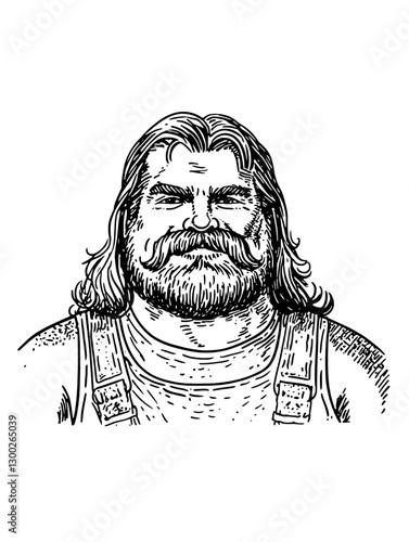 Vector engraved illustration of a muscular man with a beard and long hair wearing a tank top and suspenders