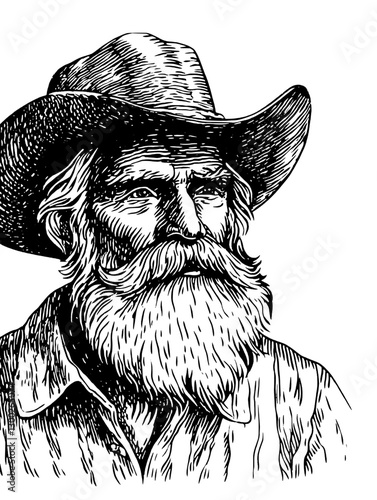 Detailed vector engraving of an elderly man with a prominent beard and cowboy hat, showcasing rustic charm and wisdom
