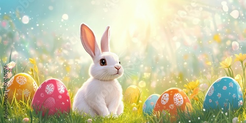 Wallpaper Mural Cute white rabbit sitting among colorful Easter eggs in a sunny garden during springtime Torontodigital.ca