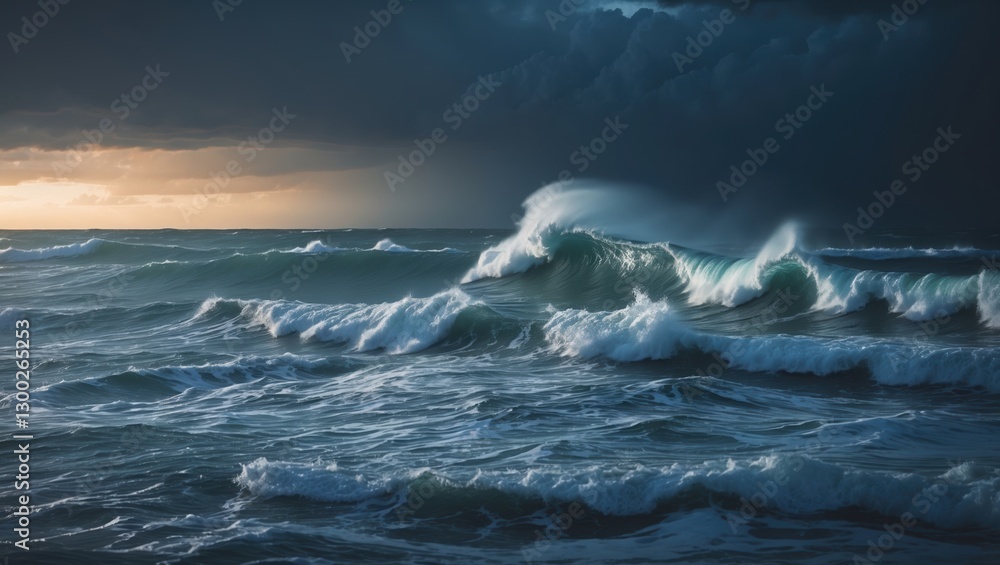 Ocean waves rolling, white foam forming, dark storm clouds gathering above water. Sunset sky colors visible during daytime. Ocean waves rolling, white foam forming, dark storm clouds gathering above water. Sunset sky colors visible during daytime.