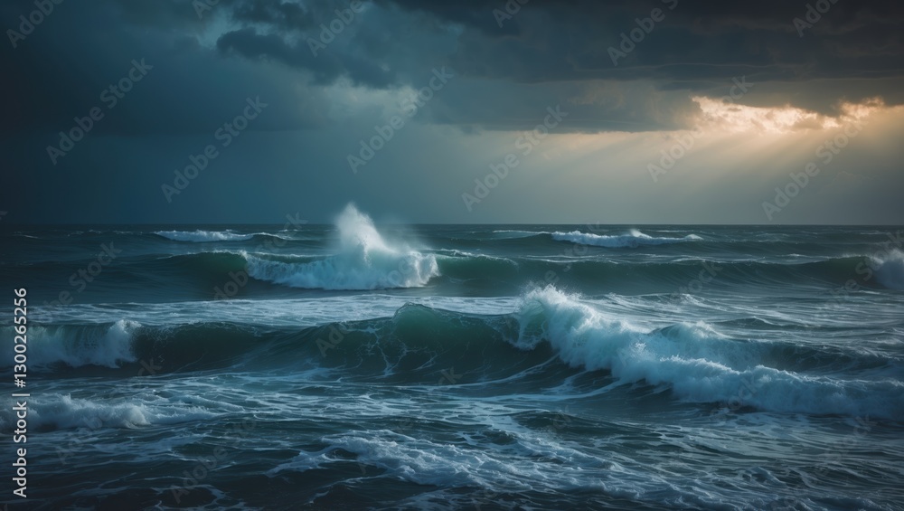 Ocean waves crash under dark cloudy sky. Teal water surface swells and crests into white spray during stormy day. Ocean waves crash under dark cloudy sky. Teal water surface swells and crests into white spray during stormy day.