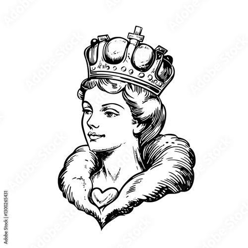Elegant vector engraved illustration of a queen wearing a crown adorned with jewels and a fur collar