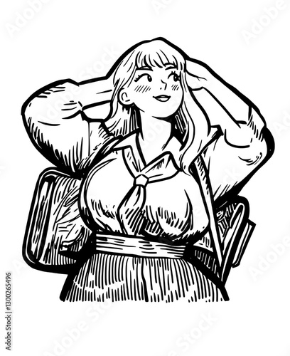 Vector engraved illustration of a confident woman with a backpack and a smile, enjoying a moment of relaxation outdoors