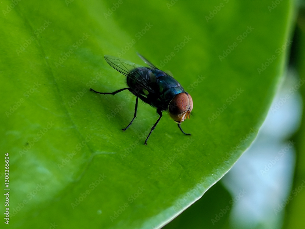 Flies with red eyes and thin wings landed on trees. This type is often seen flying in kitchens and trash cans. Flies with red eyes and thin wings landed on trees. This type is often seen flying in kitchens and trash cans.