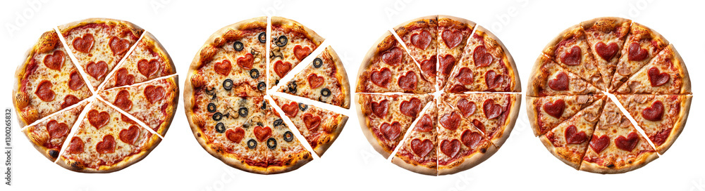 Four Varieties of Heart-Shaped Pizzas for Romantic Celebrations, PNG bundle collection, Isolated on Transparent Background Four Varieties of Heart-Shaped Pizzas for Romantic Celebrations, PNG bundle collection, Isolated on Transparent Background