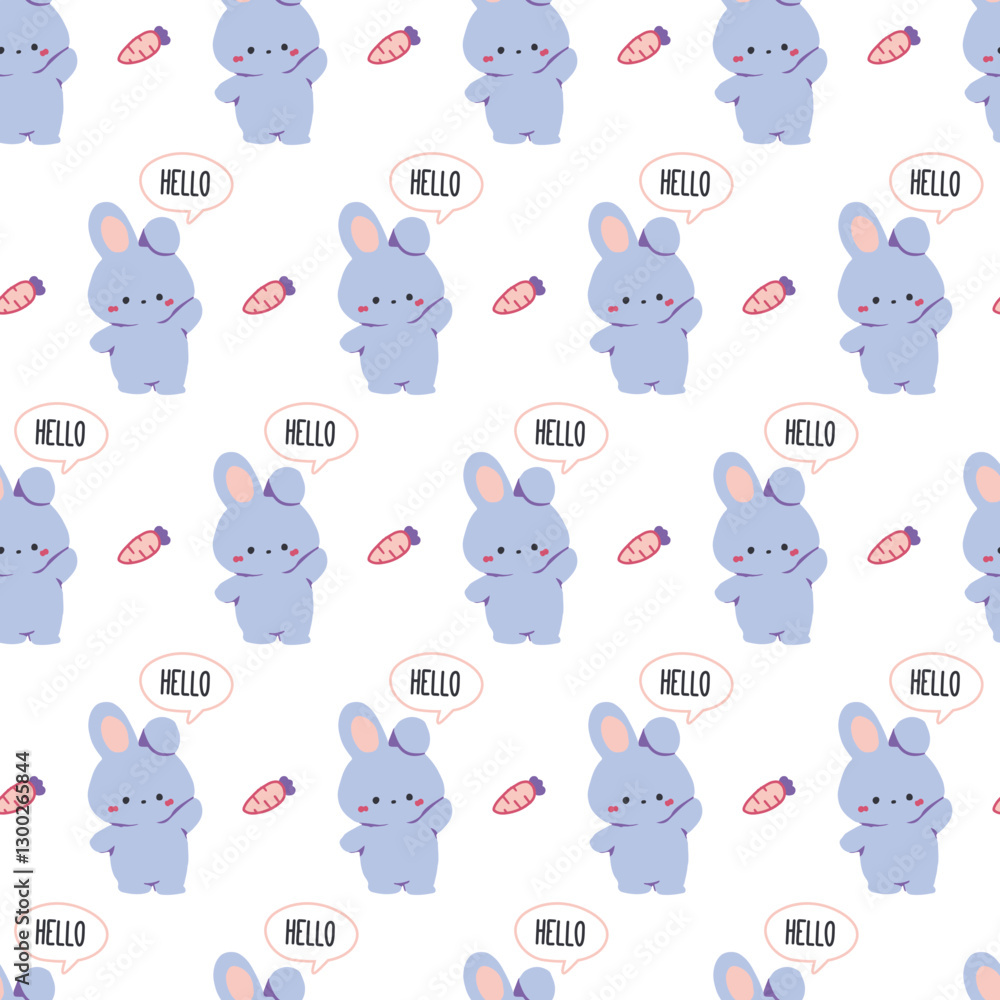 Fototapeta premium Cute Bunnies Saying Hello Cartoon Pattern. Perfect for Easter-themed designs, kids' fabrics, stationery, wallpapers, and digital prints