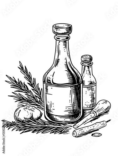 Engraved illustration of herbal bottles, wooden tools, and fresh herbs on a white background