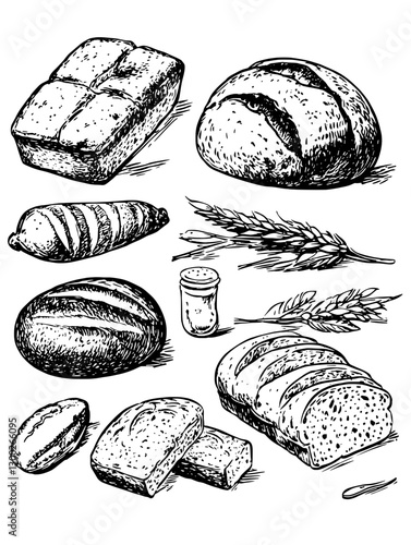 Detailed vector engraved illustration of various types of bread and grains, showcasing the diversity of baked goods