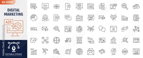 Digital marketing line icon set. Editable stroke. Containing as seo, content, website, social media, sales and online advertising and more. Vector illustration