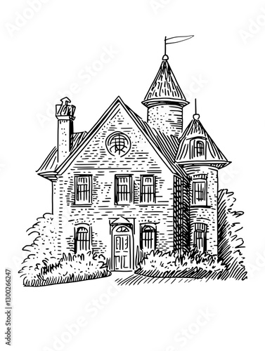 Traditional vector engraved illustration of an elegant historic home with turret and garden details