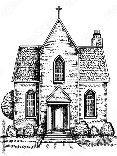 Vector engraved illustration of a quaint church with stained glass windows and surrounding shrubbery