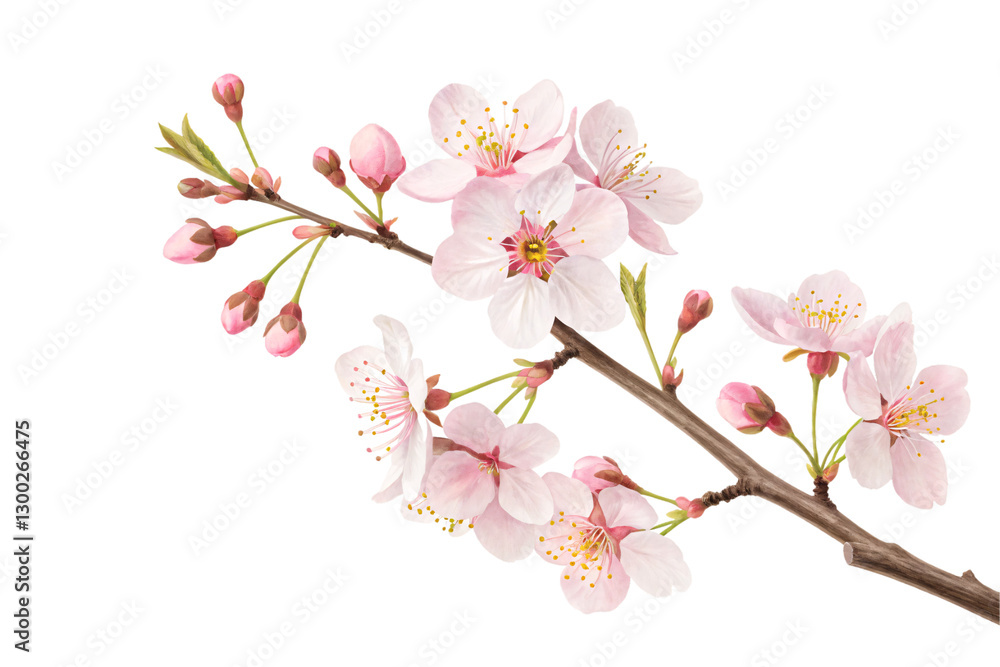 Obraz premium A harmonious cluster of cherry blossoms with vibrant green leaves and tender pink buds, symbolizing life’s transient beauty and the promise of growth, isolated on a transparent background