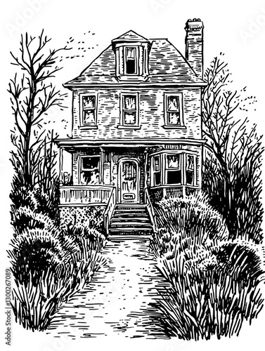 Engraved illustration of a vintage two-story house surrounded by trees and bushes