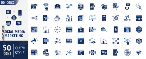 Social media marketing flat icon set. Containing as website, blogging, mail, content, strategy, development, advertisement and more. Vector illustration
