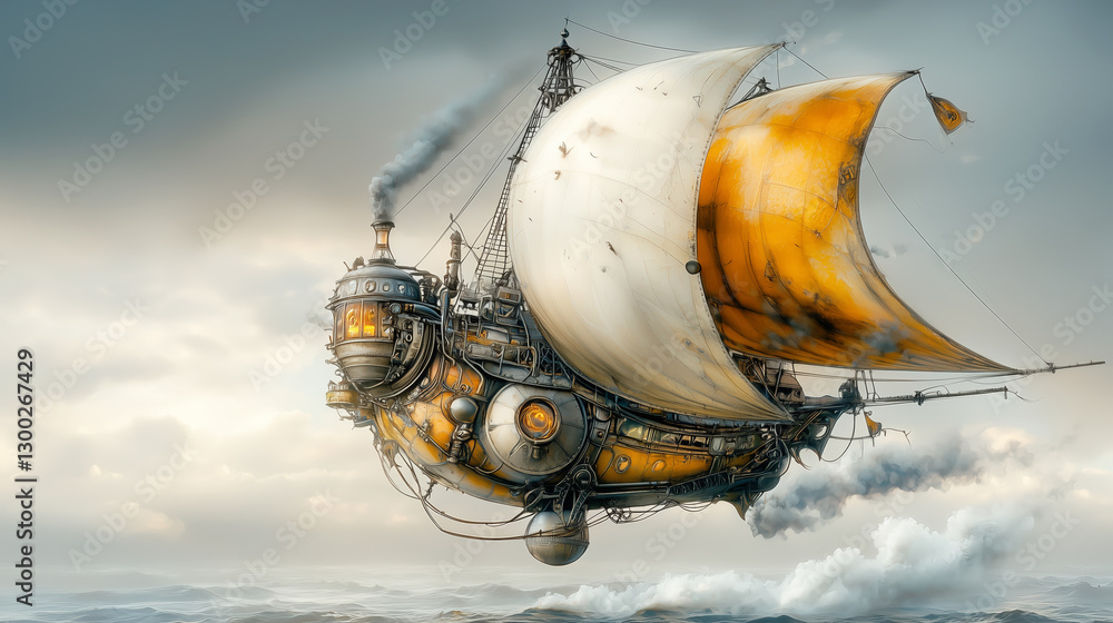 Flying steampunk ship with sails soaring over ocean in fantasy world Flying steampunk ship with sails soaring over ocean in fantasy world