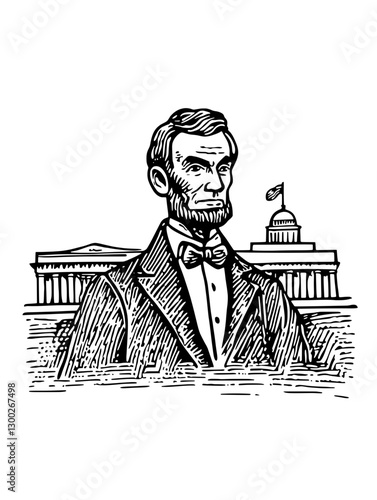 Engraved illustration of Abraham Lincoln with the Lincoln Memorial and Capitol building in background