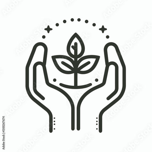 Line art of hands holding a small plant symbolizing care for nature