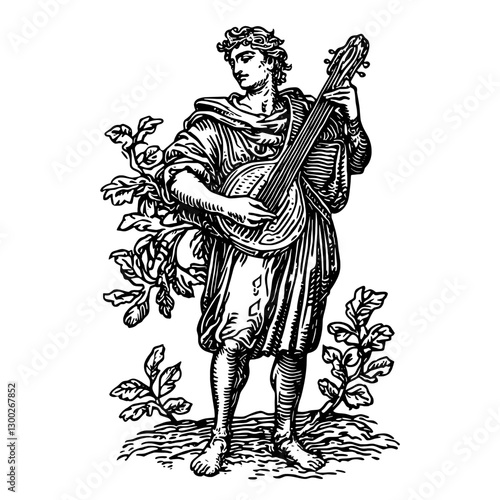 Vector engraved illustration of a musician playing a lute surrounded by plants in a historical setting